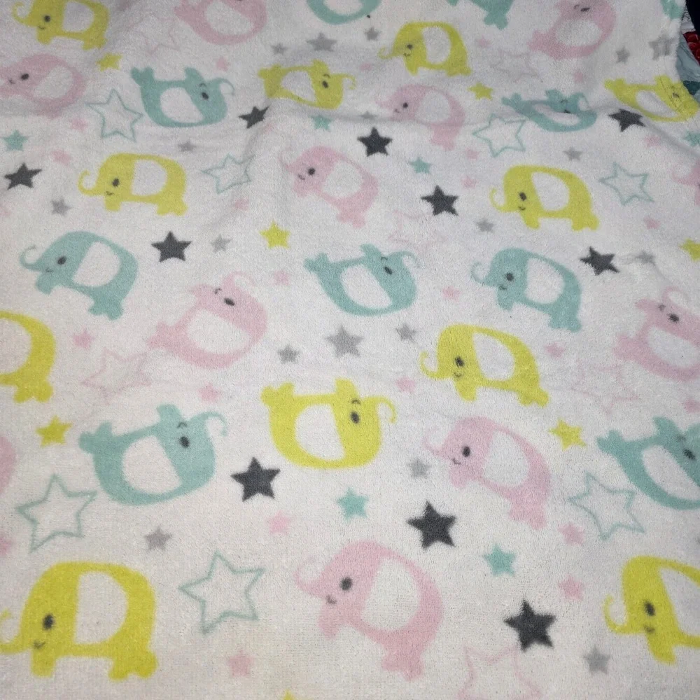 Cutie Pie Baby Blanket Infant 30x36 White Elephant Star Plush Fleece Pink Yellow
